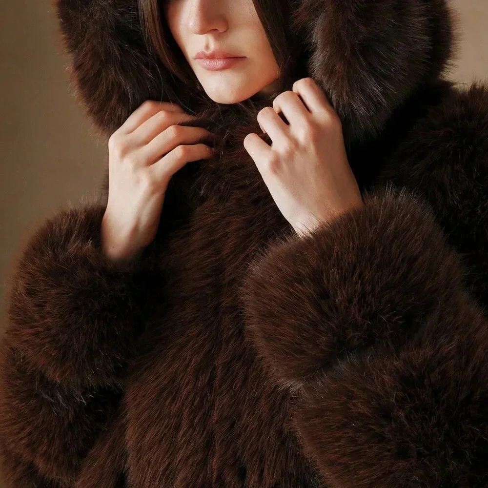Coffee Brown Casual Women's Faux Fox Fur Coat - Picture 7 of 7